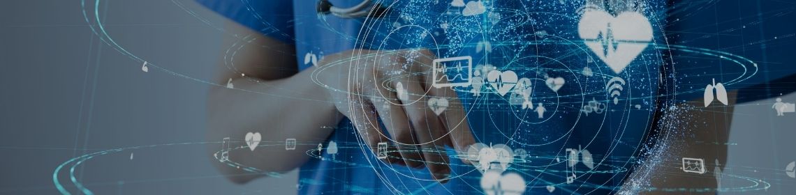 medical professional pointing overlayed with graphics illustrating the connected world