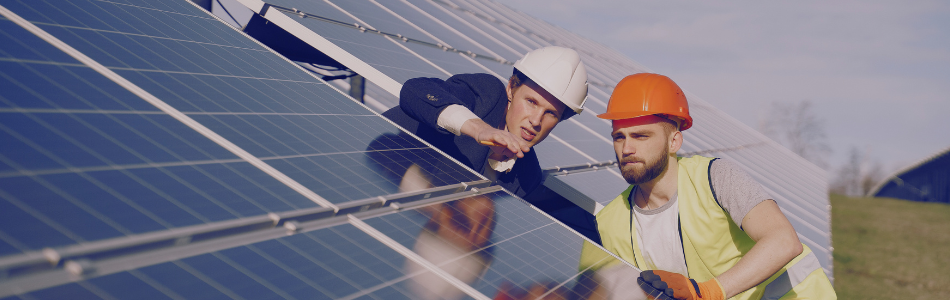 two solar workers inspecting solar panels