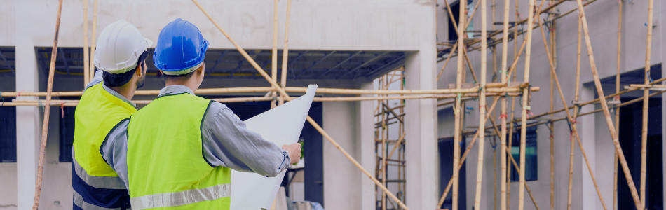 2 Construction workers looking at documents on a building site