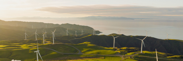 Multiple windmills on coastal green hills